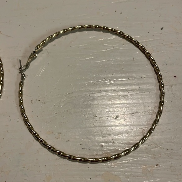 4” gold tone diamond etched open hoop earrings with latch back closures - Picture 10 of 14